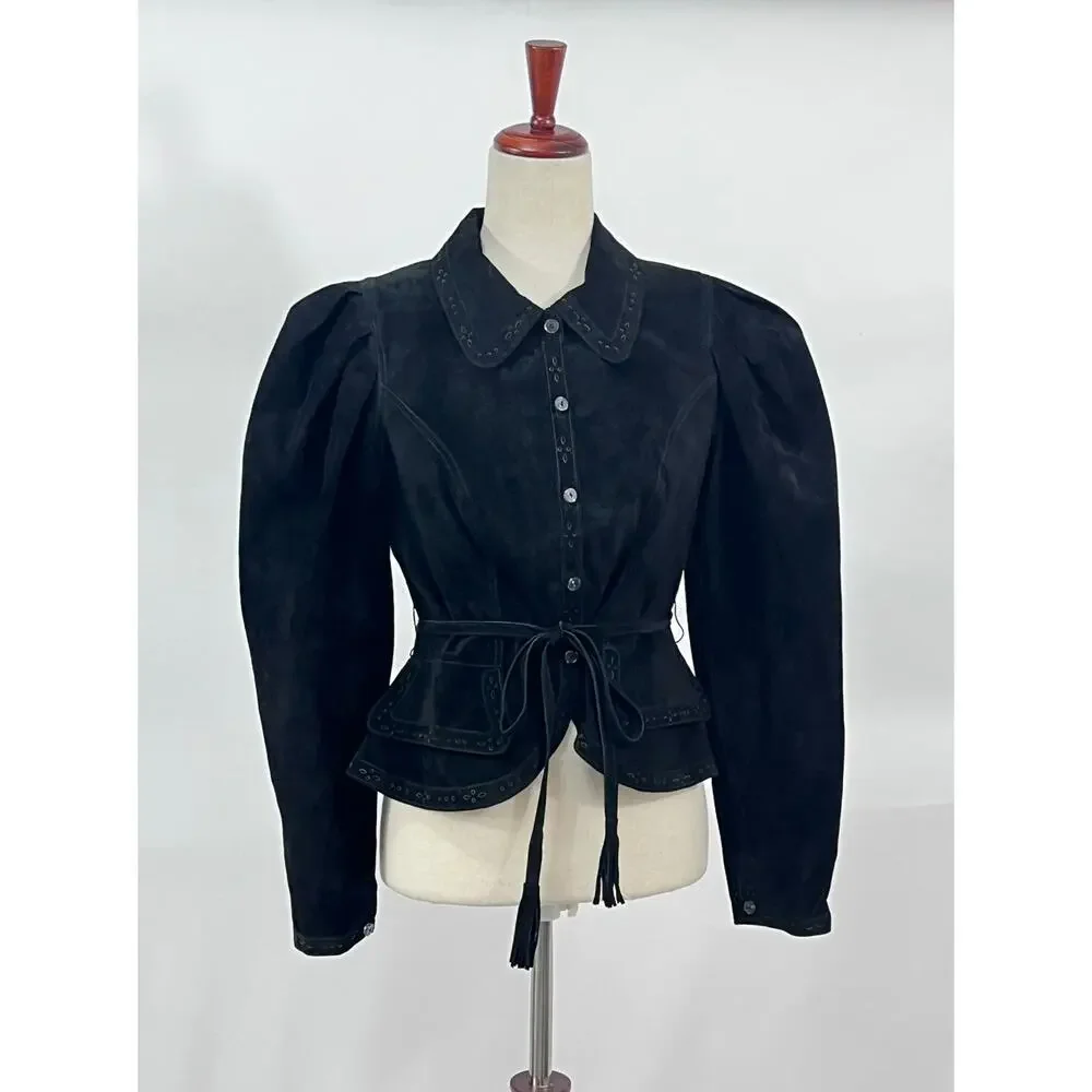 HUNTER BELL Sz 6 Murphey Suede Jacket Puff Sleeve Noir NWT